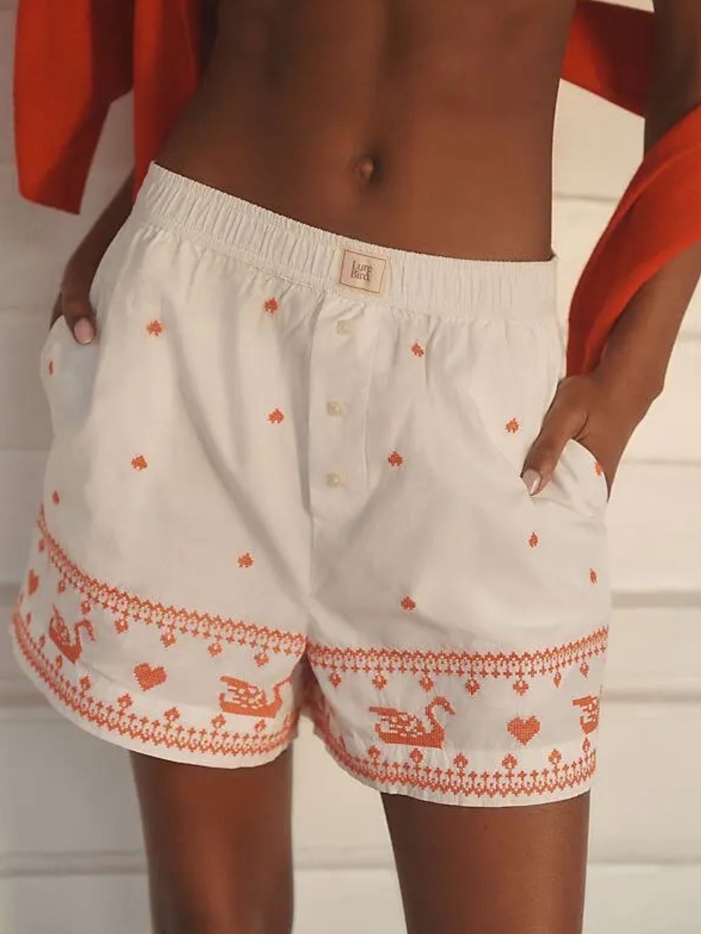 Anthropologie White Cotton Shorts with Orange Embroidered Motifs